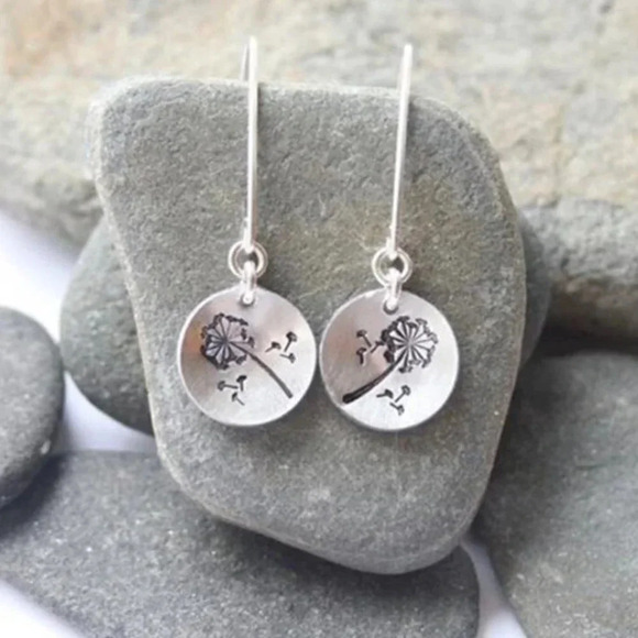 Silver Boho Dandelion Round Hook Drop Earrings - Picture 1 of 4